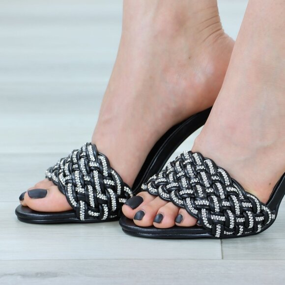 Black Heeled Braided Rhinestone Pattern Mule Open Toe High Heel Sandal - Picture 15 of 16